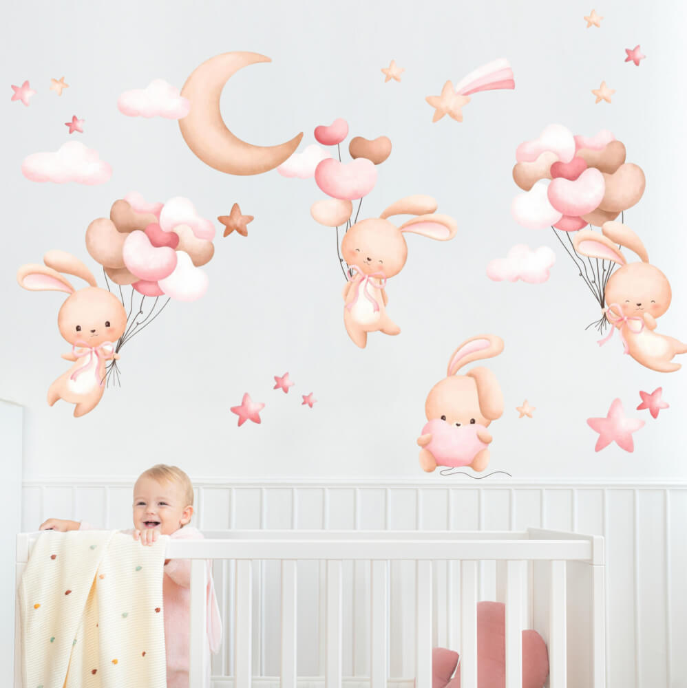 Papier peint autocollant pour bébés - Lapins avec ballons roses