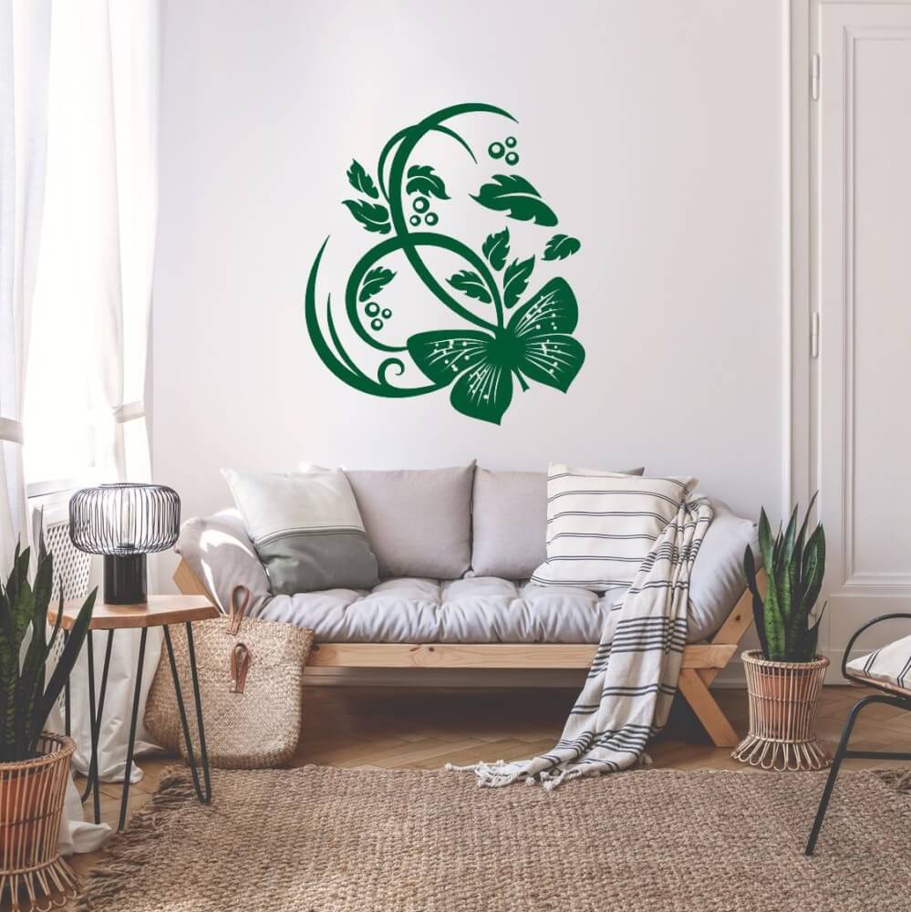 Sticker mural - Ornement papillon et feuilles