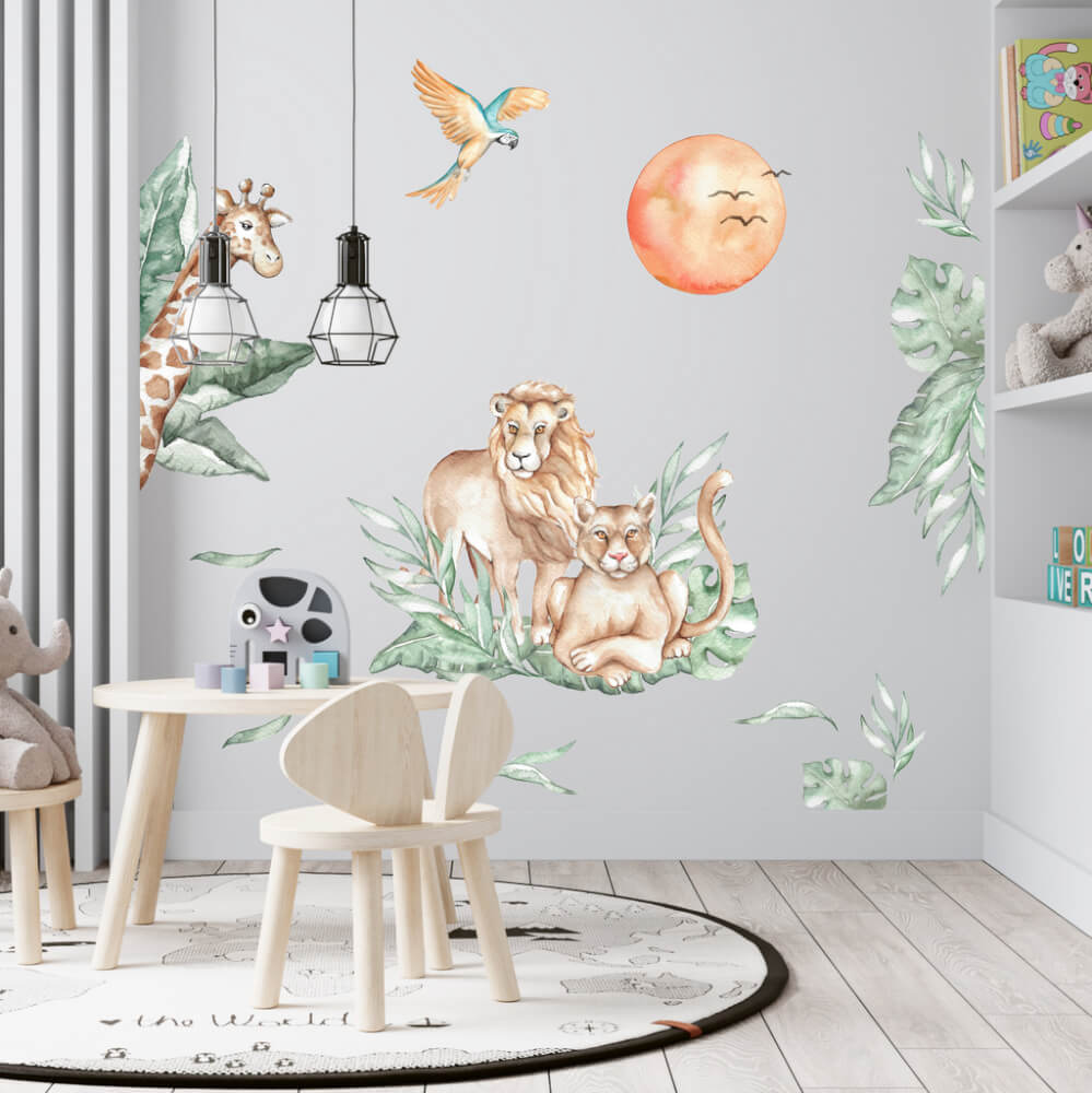 Stickers muraux aquarelle avec les animaux de la jungle, lion et