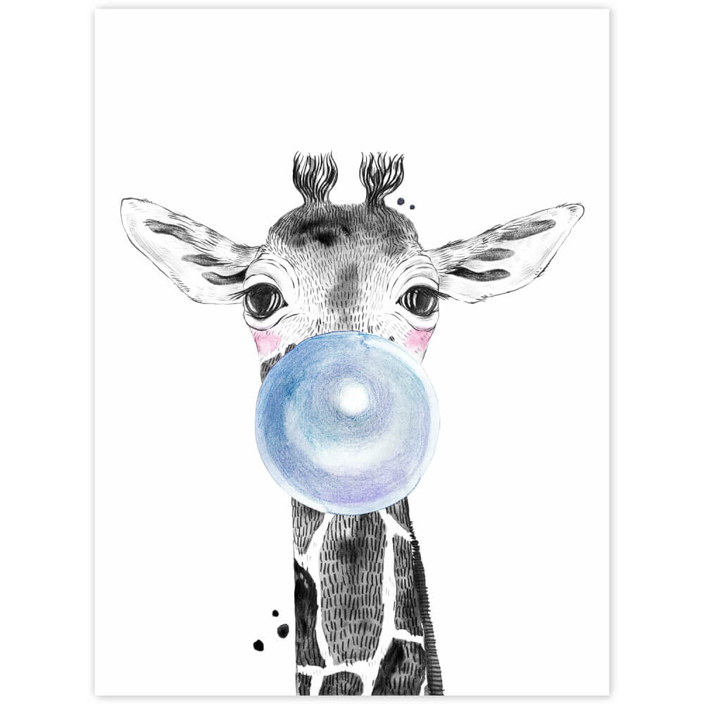Tableau décoratif - Girafe avec chewing gum bleu